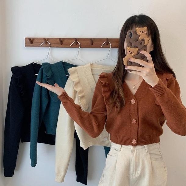 Vネックボタンフリルニット 3993-画像5-韓国ファッション通販POPREA［ポップリア］