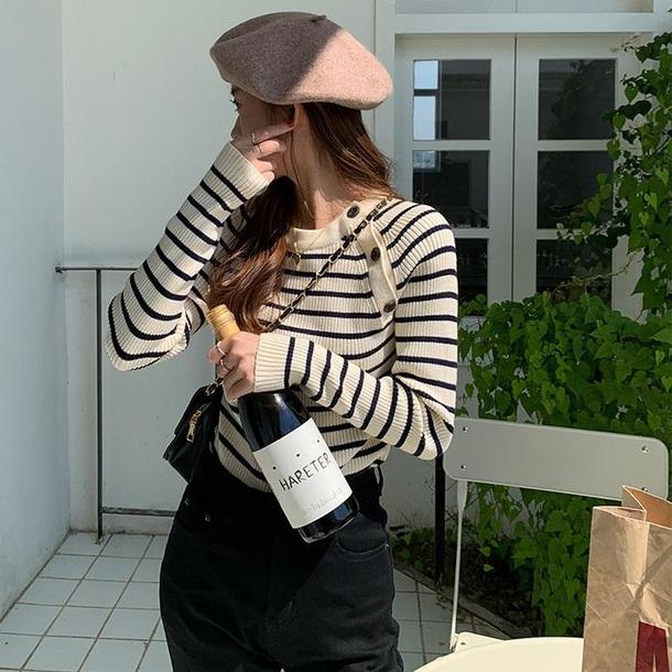 ショルダーボタンボーダーニット 4280-画像5-韓国ファッション通販POPREA［ポップリア］