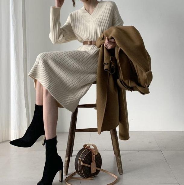 Vネックストレートニットワンピ 4166-画像5-韓国ファッション通販POPREA［ポップリア］