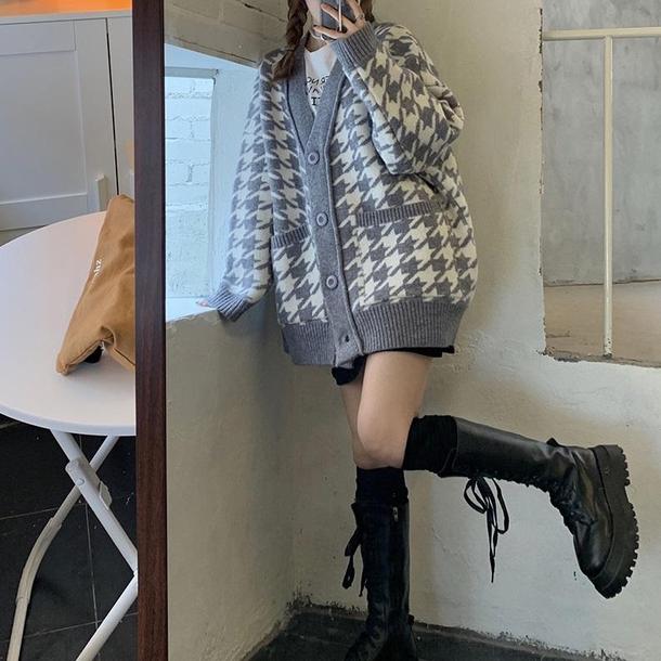 Vネック千鳥格子ニットカーディガン 4171-画像5-韓国ファッション通販POPREA［ポップリア］