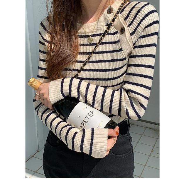 ショルダーボタンボーダーニット 4280-画像6-韓国ファッション通販POPREA［ポップリア］