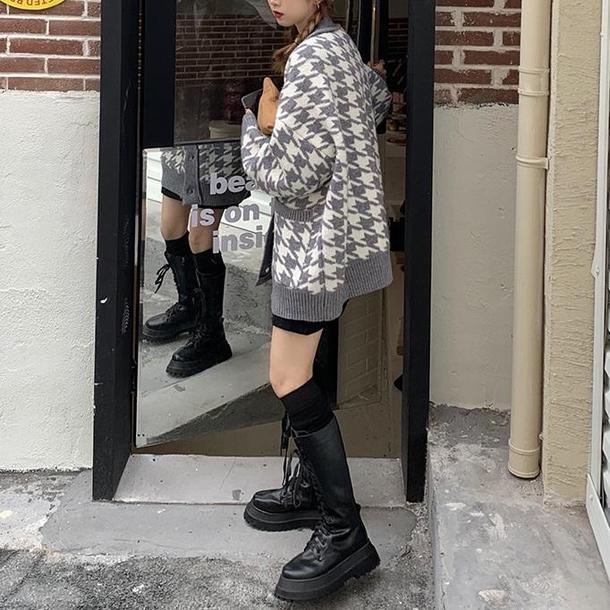 Vネック千鳥格子ニットカーディガン 4171-画像6-韓国ファッション通販POPREA［ポップリア］