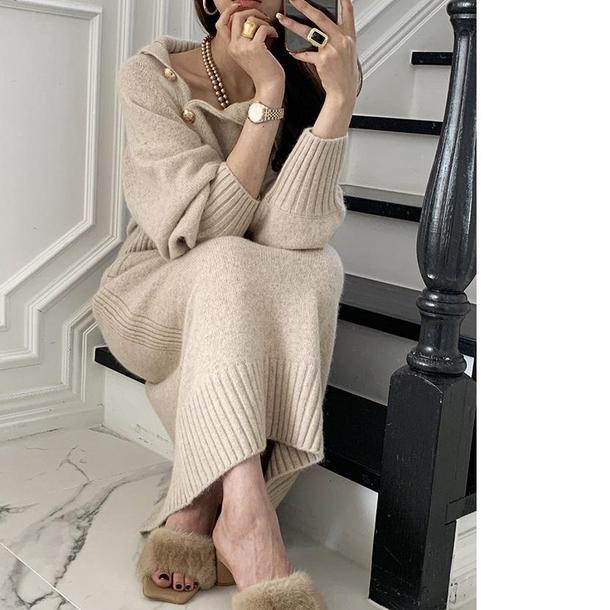 斜めボタンニットセータードレス 4244-画像6-韓国ファッション通販POPREA［ポップリア］