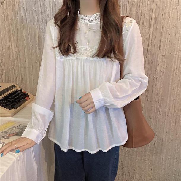 花刺繍のレース襟長袖トップ 4366-画像6-韓国ファッション通販POPREA［ポップリア］