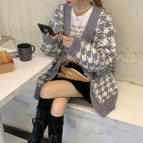 Vネック千鳥格子ニットカーディガン 4171-画像7-韓国ファッション通販POPREA［ポップリア］