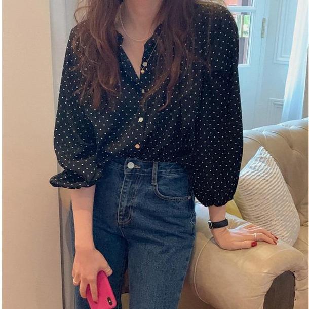 レトロVネック水玉ブラウス 3733-画像8-韓国ファッション通販POPREA［ポップリア］