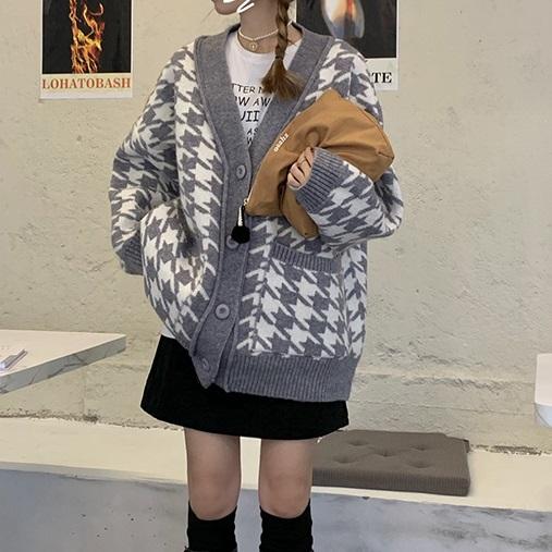 Vネック千鳥格子ニットカーディガン 4171-画像9-韓国ファッション通販POPREA［ポップリア］