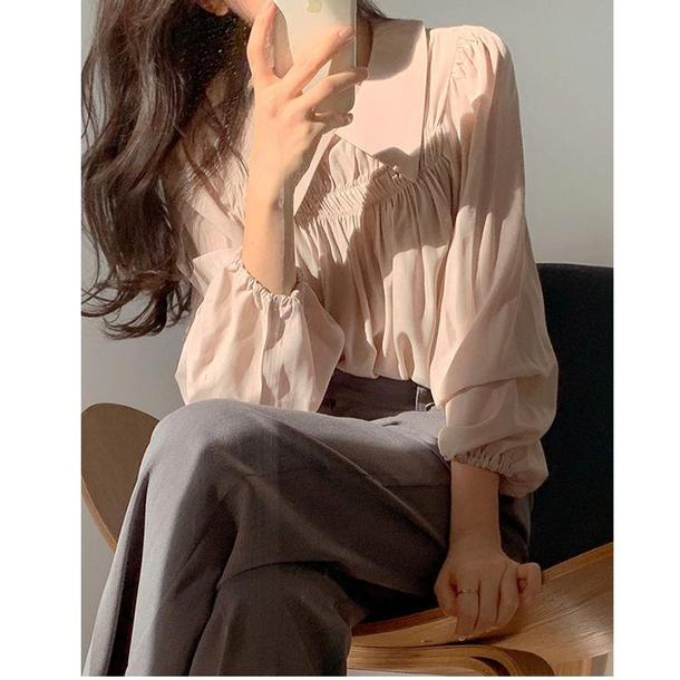 シフォン長袖プリーツシャツ 4395-画像9-韓国ファッション通販POPREA［ポップリア］