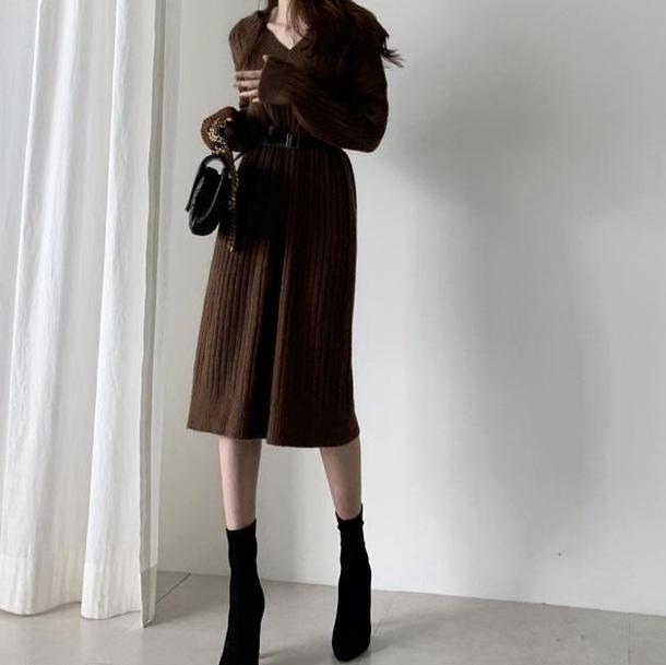 Vネックストレートニットワンピ 4166-画像9-韓国ファッション通販POPREA［ポップリア］