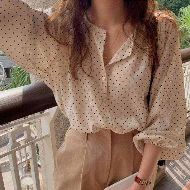 レトロVネック水玉ブラウス 3733-画像1-韓国ファッション通販POPREA［ポップリア］