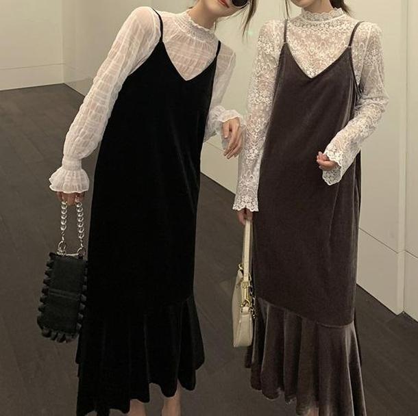 ベロアマーメイドキャミワンピ 4085-画像1-韓国ファッション通販POPREA［ポップリア］