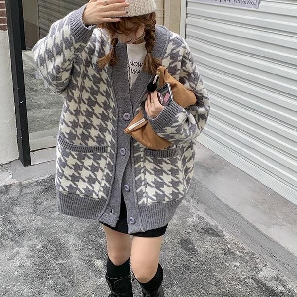 Vネック千鳥格子ニットカーディガン 4171-画像1-韓国ファッション通販POPREA［ポップリア］