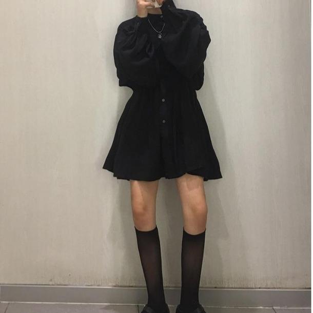 シャーリング シャツワンピ 2819-black_お取り寄せ28192-画像2-韓国ファッション通販POPREA［ポップリア］