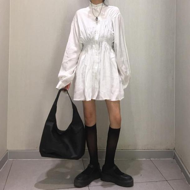 シャーリング シャツワンピ 2819-white_お取り寄せ28191-画像1-韓国ファッション通販POPREA［ポップリア］